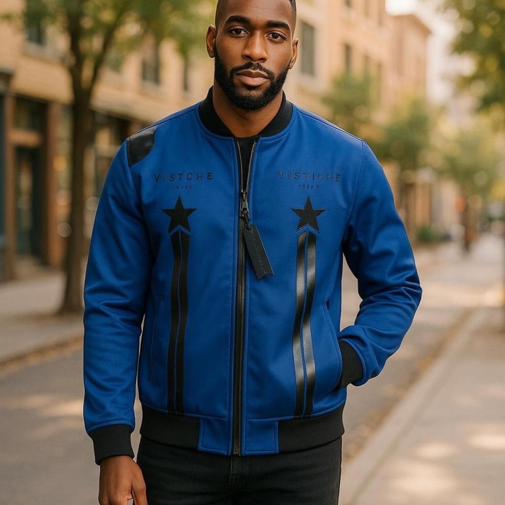 Vie+Riche Paris Royal Blue Bomber Jacket XXL Streetwear Star Stripe Design